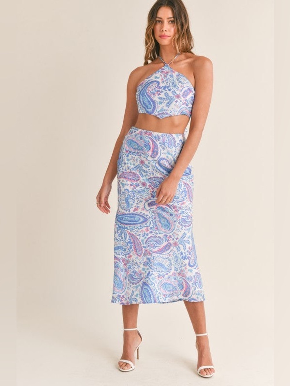 Mable High-Rise Paisley Midaxi Skirt and Top in Light Blue with matchy top small